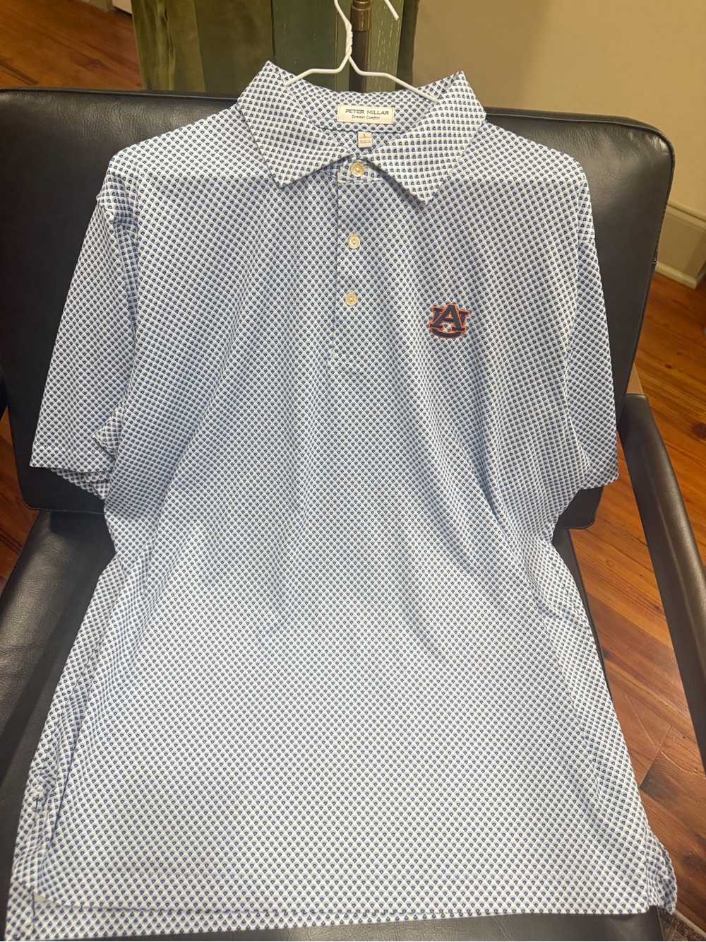 Peter Millar Blue and White Geometric Polo with Auburn Logo